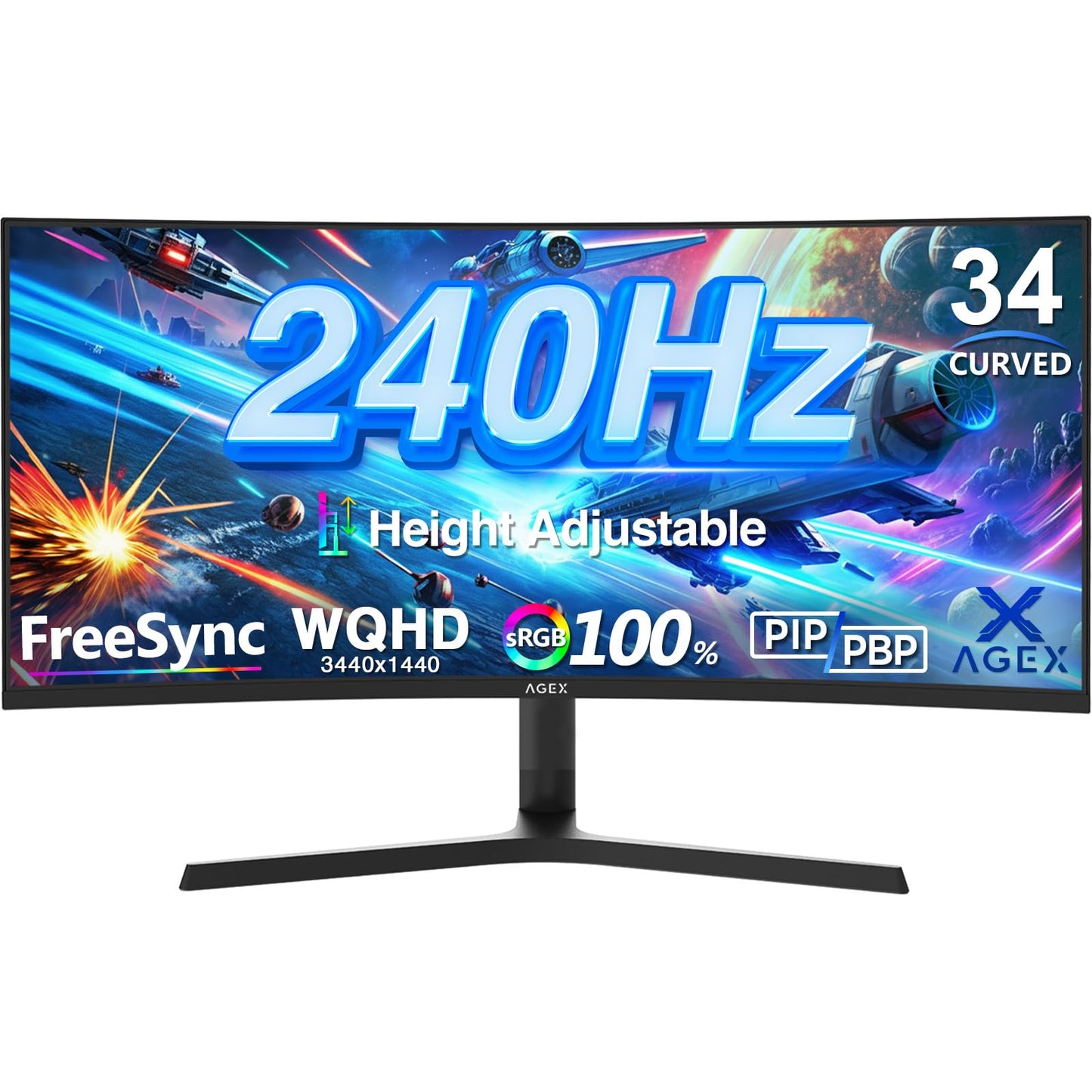 Curved Gaming Monitor Z-Edge 34", WQHD 1440P 240Hz 165Hz Computer Monitor, MPRT 1ms, 21:9 Aspect Ratio, 1500R，16.7M Colors, 4000:1 Contrast, AG34P Edgeless, Height Adjustable 2X DP and 2X HDMI