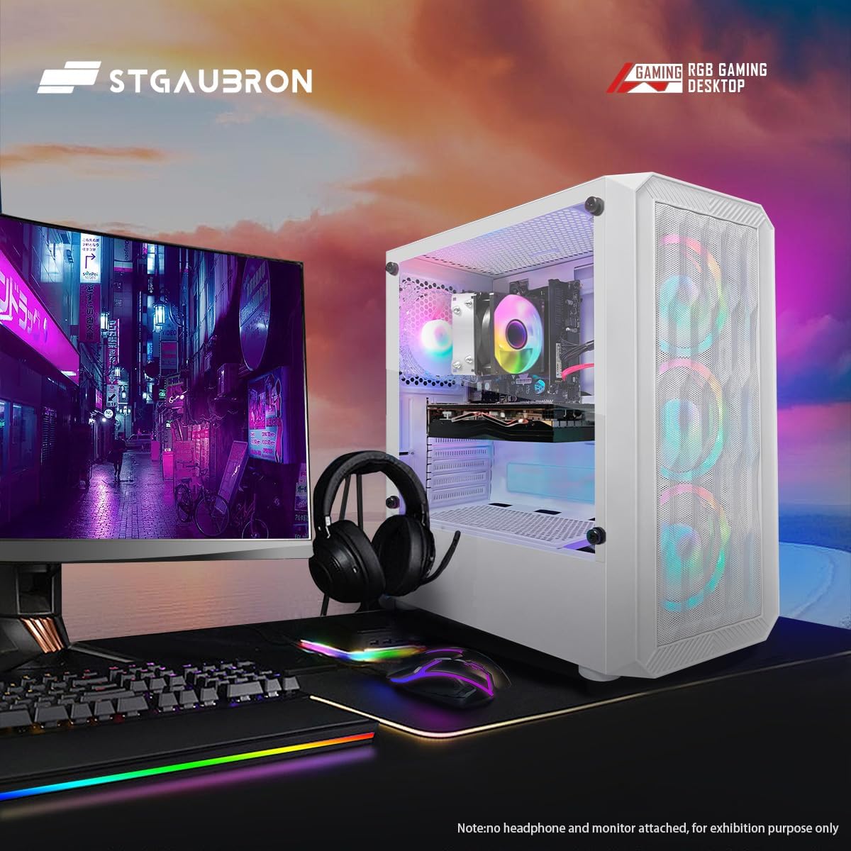 STGAubron RGB Desktop PC Computer, AMD Ryzen 5 3400G up to 4.2GHz, 16G DDR4, 512G SSD, WiFi 6 & BT 5.2, RGB Fan x6, RGB Keyboard & Mouse, Windows 11 Home