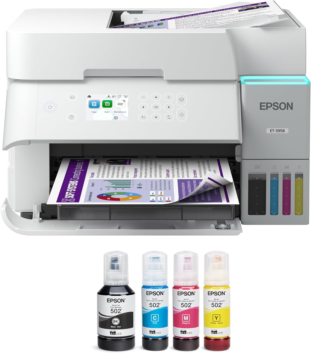 Epson EcoTank ET-3958 Wireless All-in-One Color Supertank Printer with up to 3 Years of Ink, Refillable Tanks, Perfect for Home Office, 18 PPM, 2.4" Color Screen, Auto Document Feeder (Renewed)