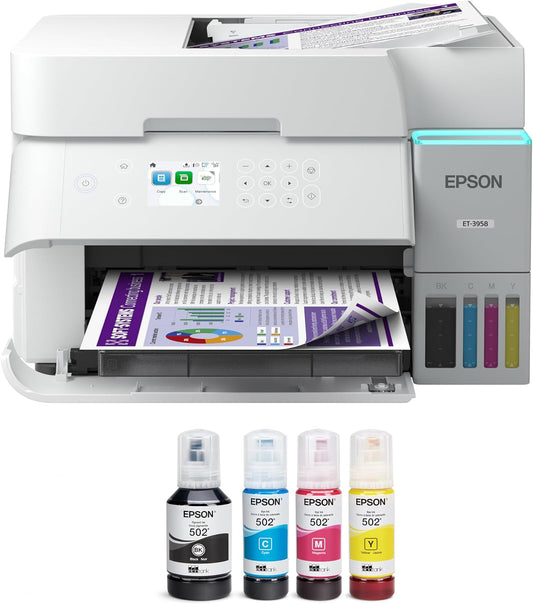 Epson EcoTank ET-3958 Wireless All-in-One Color Supertank Printer with up to 3 Years of Ink, Refillable Tanks, Perfect for Home Office, 18 PPM, 2.4" Color Screen, Auto Document Feeder (Renewed)