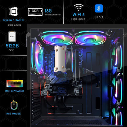 STGAubron RGB Desktop PC Computer, AMD Ryzen 5 3400G up to 4.2GHz, 16G DDR4, 512G SSD, WiFi 6 & BT 5.2, RGB Fan x6, RGB Keyboard & Mouse, Windows 11 Home