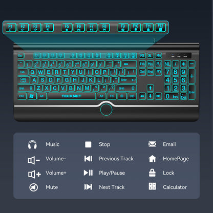 TECKNET Large Print Backlit Keyboard, Wired USB-A Computer Keyboard with Wrist Rest, 7-Color Backlit, Oversized Letter Keys Easy to See, Plug-and-Play, Silent, Light Up Keyboard for Windows/PC/Laptop