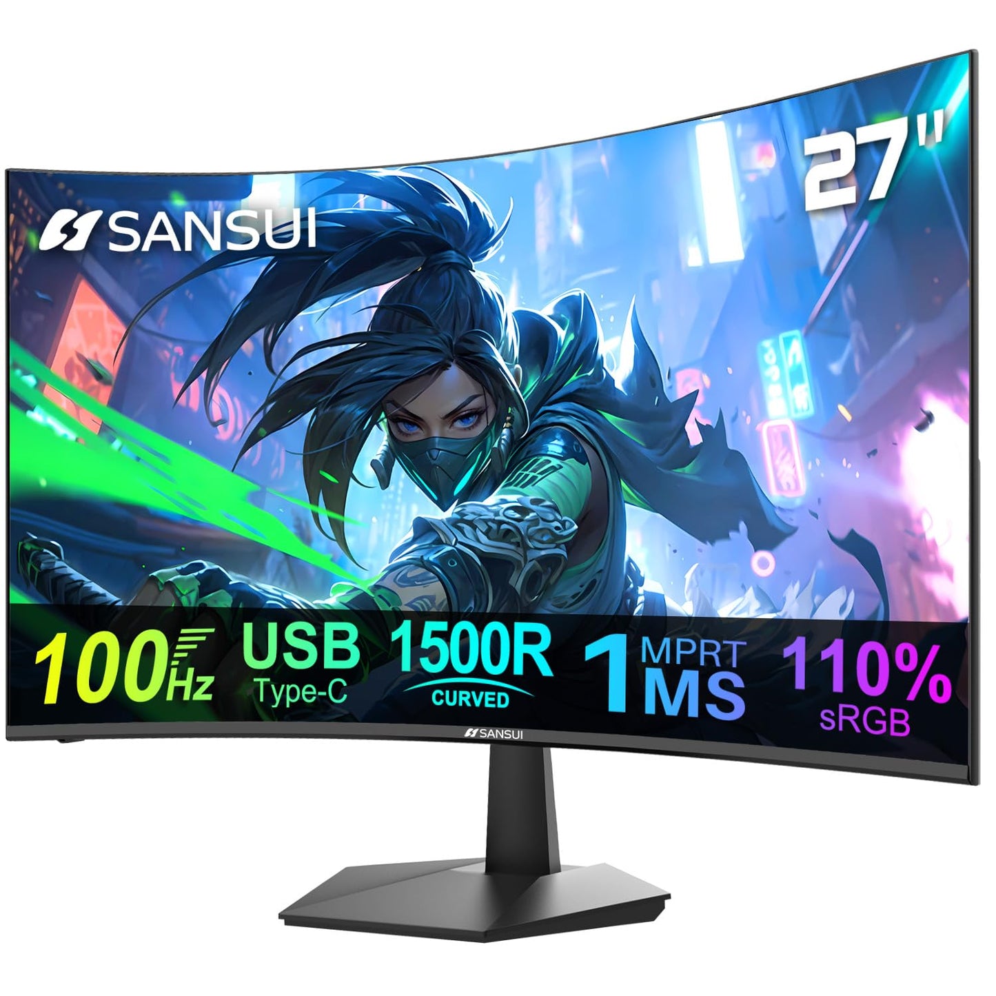 SANSUI 27 Inch Curved 240Hz Gaming Monitor FHD 1080P, 1500R Curve Computer Monitor, 130% sRGB, 4000:1 Contrast, HDR, FreeSync, MPRT 1Ms, Low Blue Light, HDMI DP Ports, Metal Stand, DP Cable Incl.