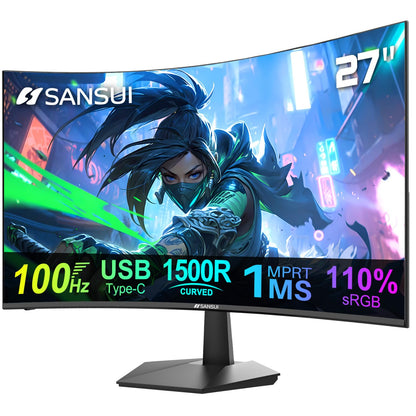SANSUI 27 Inch Curved 240Hz Gaming Monitor FHD 1080P, 1500R Curve Computer Monitor, 130% sRGB, 4000:1 Contrast, HDR, FreeSync, MPRT 1Ms, Low Blue Light, HDMI DP Ports, Metal Stand, DP Cable Incl.