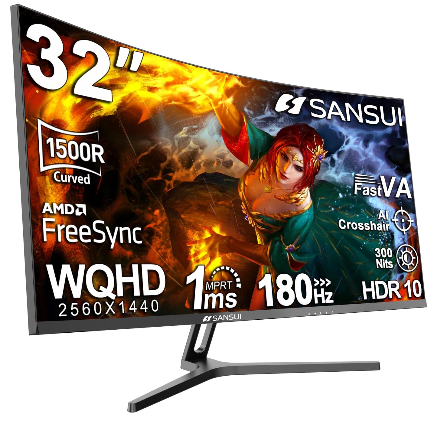 SANSUI 34 Inch 240Hz Ultrawide Curved Gaming Monitor UWQHD 3440×1440, 21:9 2K Curved Monitor 1500R,HDR400,Fast VA, PIP/PBP,AI Crosshair,AIPQ(Visual Enhance),MPRT 1ms,HDMI2.1 * 2,DP1.4 * 2