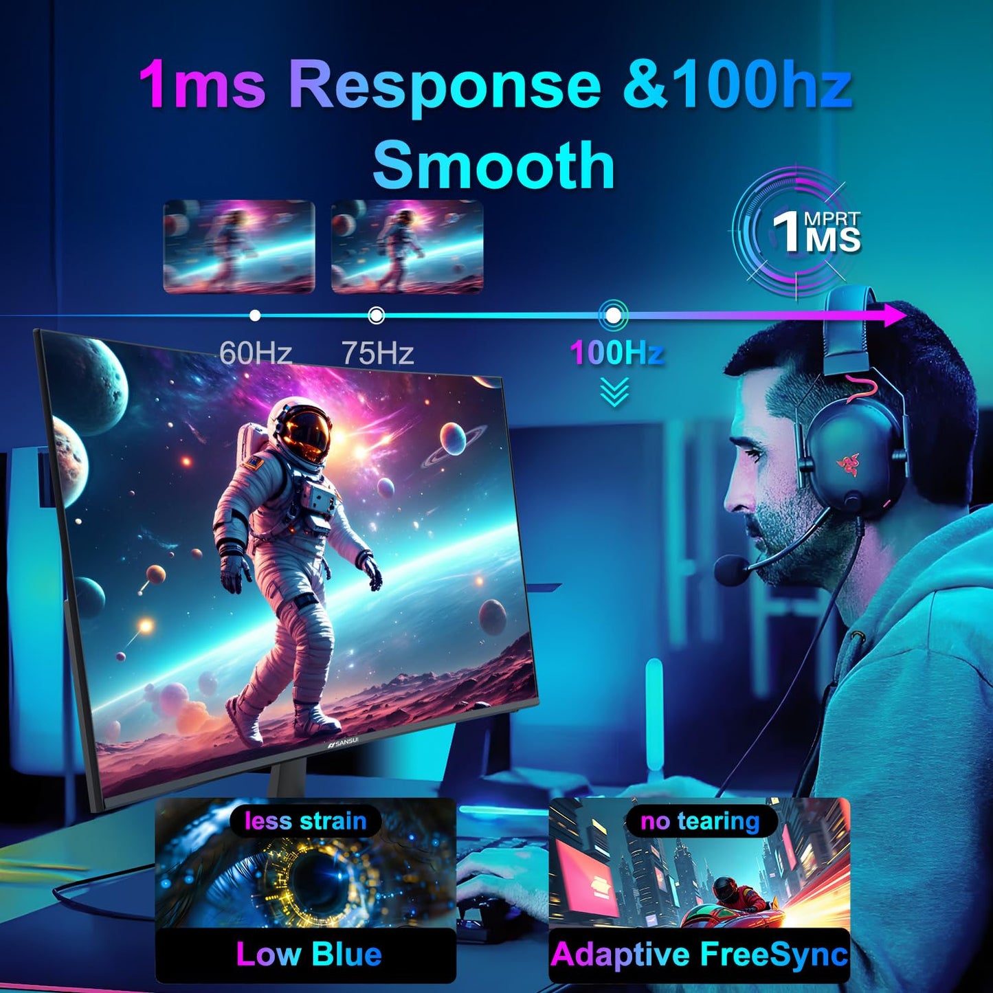 SANSUI 27 Inch Curved Gaming Monitor 180Hz 1ms with Speakers FHD 1080P Computer Monitor FreeSync|1500R|130% sRGB|HDR|Low Blue Light|HDMI DP Ports|VESA Mount|Metal Stand(ES-G27C1 HDMI Cable Incl.)