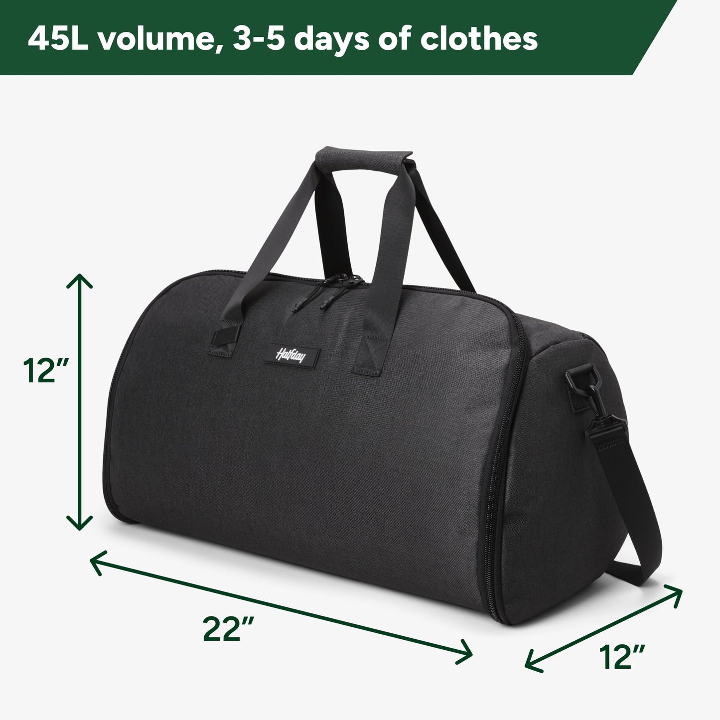 Halfday Convertible 2-in-1 Garment Duffel Weekender Bag 45L | Wrinkle-Free Travel, Hanging Suit Compartment, Shoe Pockets, Trolley Sleeve. Durable & Water-Resistant Carry-On, Hunter