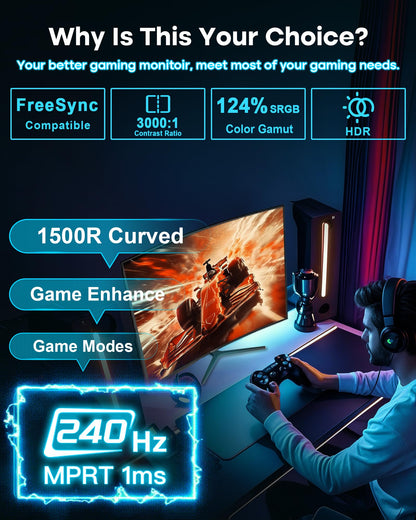 SANSUI 34 Inch 240Hz Ultrawide Curved Gaming Monitor UWQHD 3440×1440, 21:9 2K Curved Monitor 1500R,HDR400,Fast VA, PIP/PBP,AI Crosshair,AIPQ(Visual Enhance),MPRT 1ms,HDMI2.1 * 2,DP1.4 * 2