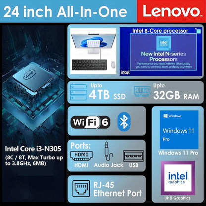 Lenovo 24 All-in-One Desktop Computer for Home Office, 32GB DDR4 RAM, 1TB PCIe SSD, Intel Processor 8-Core (Beat i5-1140G7), 23.8" FHD AIO, WiFi 6, Bluetooth, RJ-45, HDMI, Windows 11 Pro, AZ-XUT