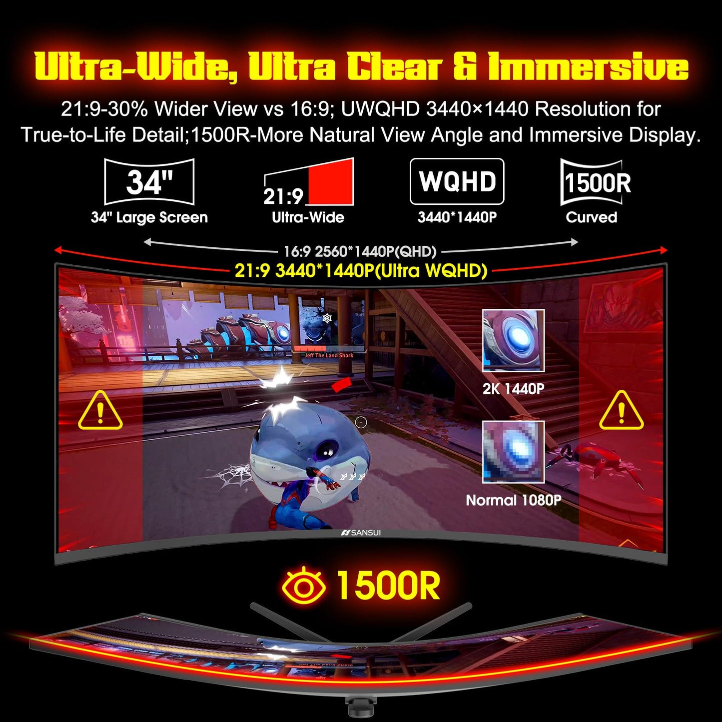 SANSUI 34 Inch 240Hz Ultrawide Curved Gaming Monitor UWQHD 3440×1440, 21:9 2K Curved Monitor 1500R,HDR400,Fast VA, PIP/PBP,AI Crosshair,AIPQ(Visual Enhance),MPRT 1ms,HDMI2.1 * 2,DP1.4 * 2