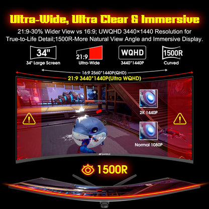 SANSUI 34 Inch 240Hz Ultrawide Curved Gaming Monitor UWQHD 3440×1440, 21:9 2K Curved Monitor 1500R,HDR400,Fast VA, PIP/PBP,AI Crosshair,AIPQ(Visual Enhance),MPRT 1ms,HDMI2.1 * 2,DP1.4 * 2