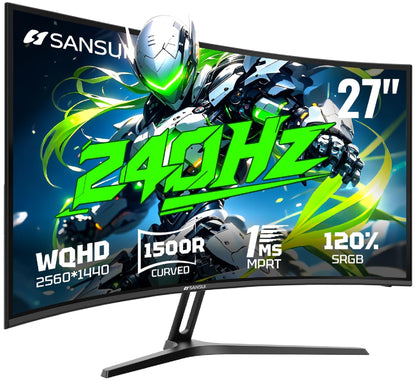 SANSUI 27 Inch Curved 240Hz Gaming Monitor FHD 1080P, 1500R Curve Computer Monitor, 130% sRGB, 4000:1 Contrast, HDR, FreeSync, MPRT 1Ms, Low Blue Light, HDMI DP Ports, Metal Stand, DP Cable Incl.