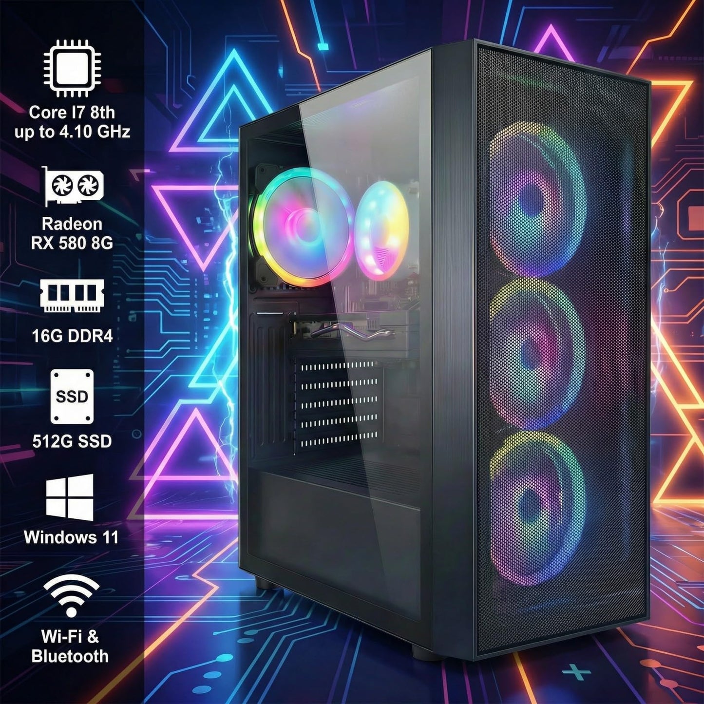 STGAubron Gaming PC Computer Desktop, Intel Core i7 8th Gen up to 4.1G, GeForce RTX 3050 6G, 16G DDR4, 512G SSD, WiFi 6, BT 5.2, RGB Fan x4, Windows 11 Home
