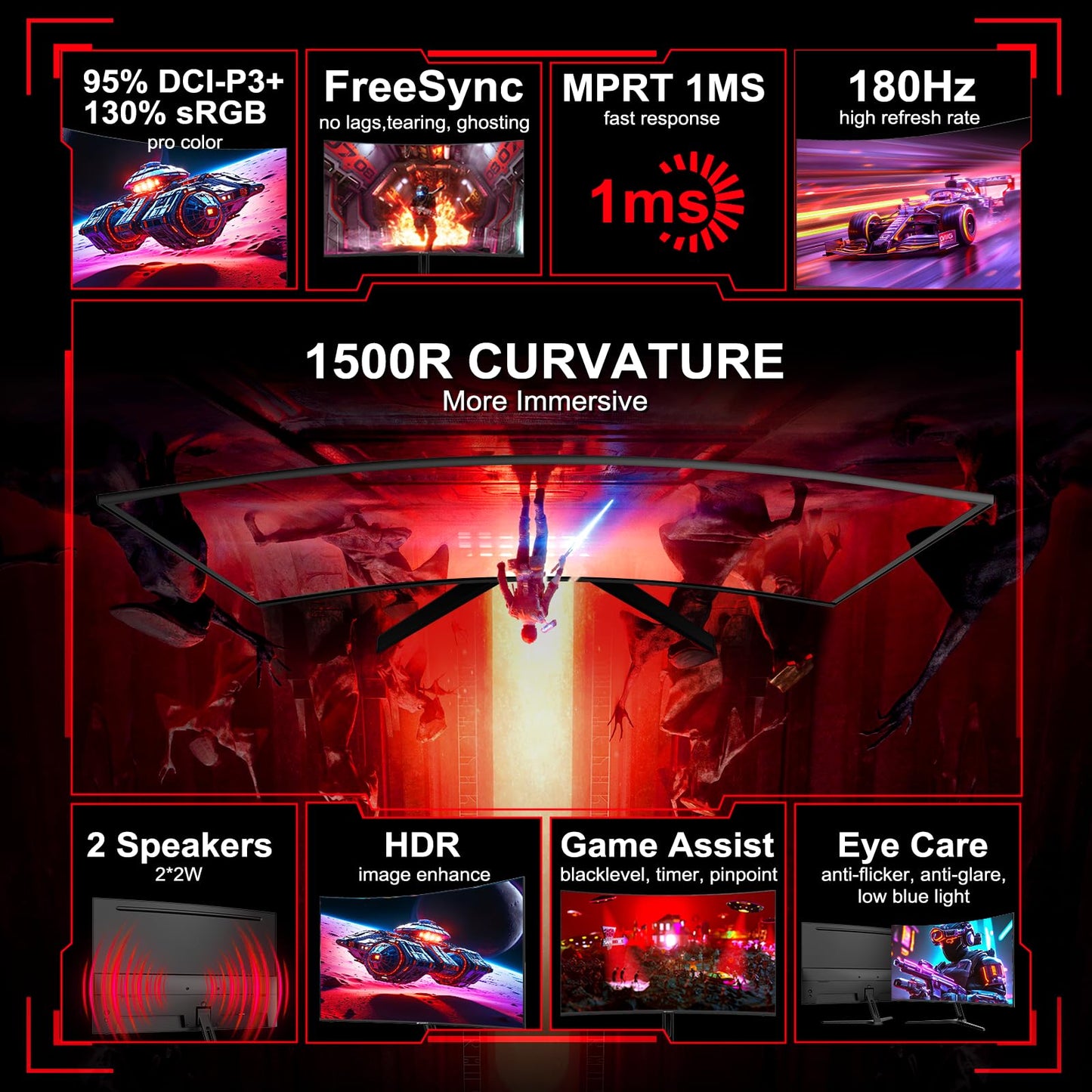 SANSUI 27 Inch Curved Gaming Monitor 180Hz 1ms with Speakers FHD 1080P Computer Monitor FreeSync|1500R|130% sRGB|HDR|Low Blue Light|HDMI DP Ports|VESA Mount|Metal Stand(ES-G27C1 HDMI Cable Incl.)