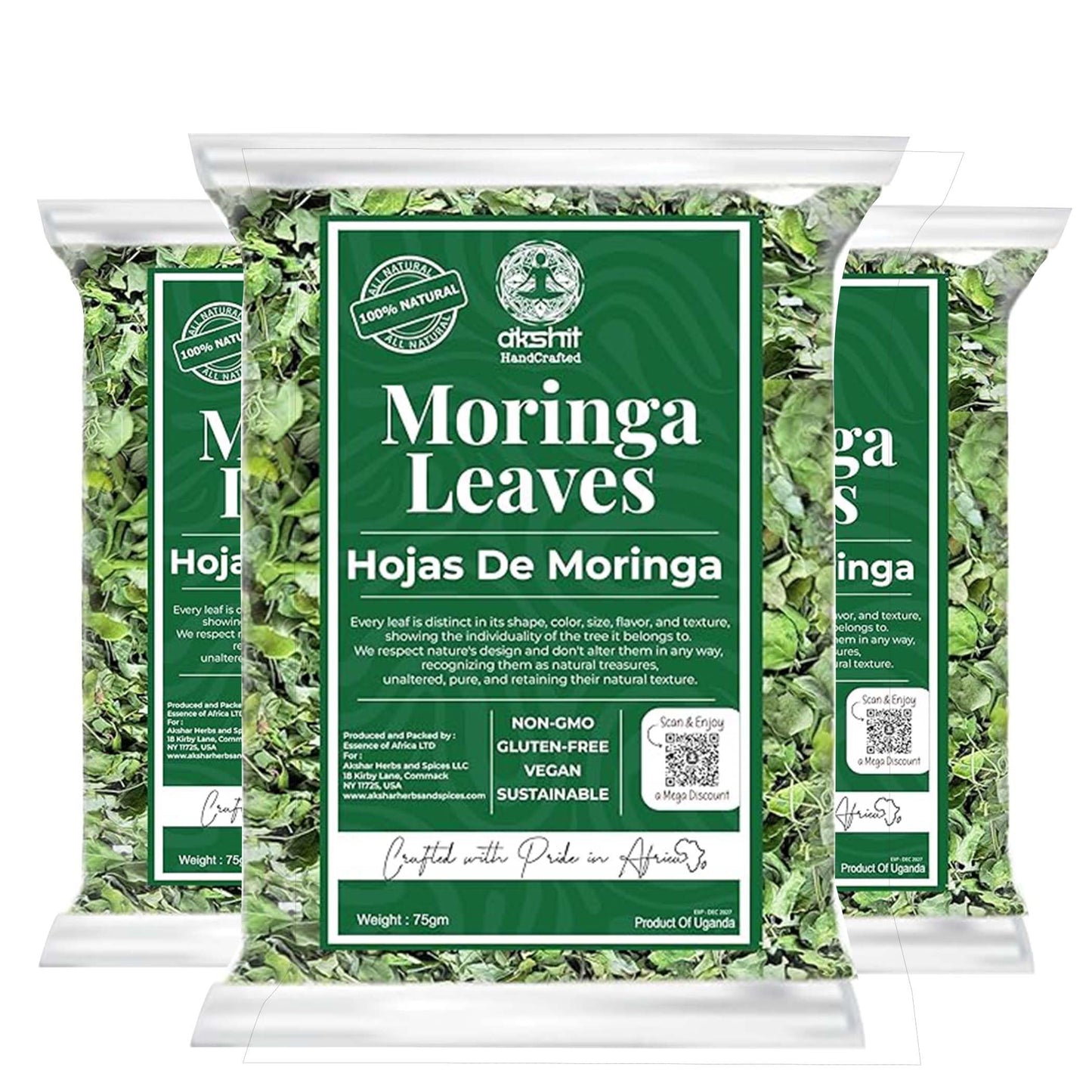 Akshit Moringa Leaves, 2.6oz, Dried From Fresh MoringaOleifera Leaves, Hojas De Moringa Secas, Loose Leaf Tea, Drumstick Tree Leaf, Non-GMO