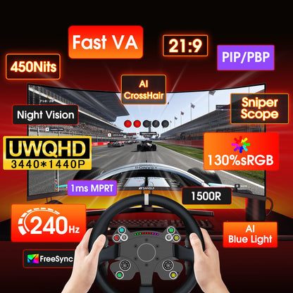 SANSUI 34 Inch 240Hz Ultrawide Curved Gaming Monitor UWQHD 3440×1440, 21:9 2K Curved Monitor 1500R,HDR400,Fast VA, PIP/PBP,AI Crosshair,AIPQ(Visual Enhance),MPRT 1ms,HDMI2.1 * 2,DP1.4 * 2