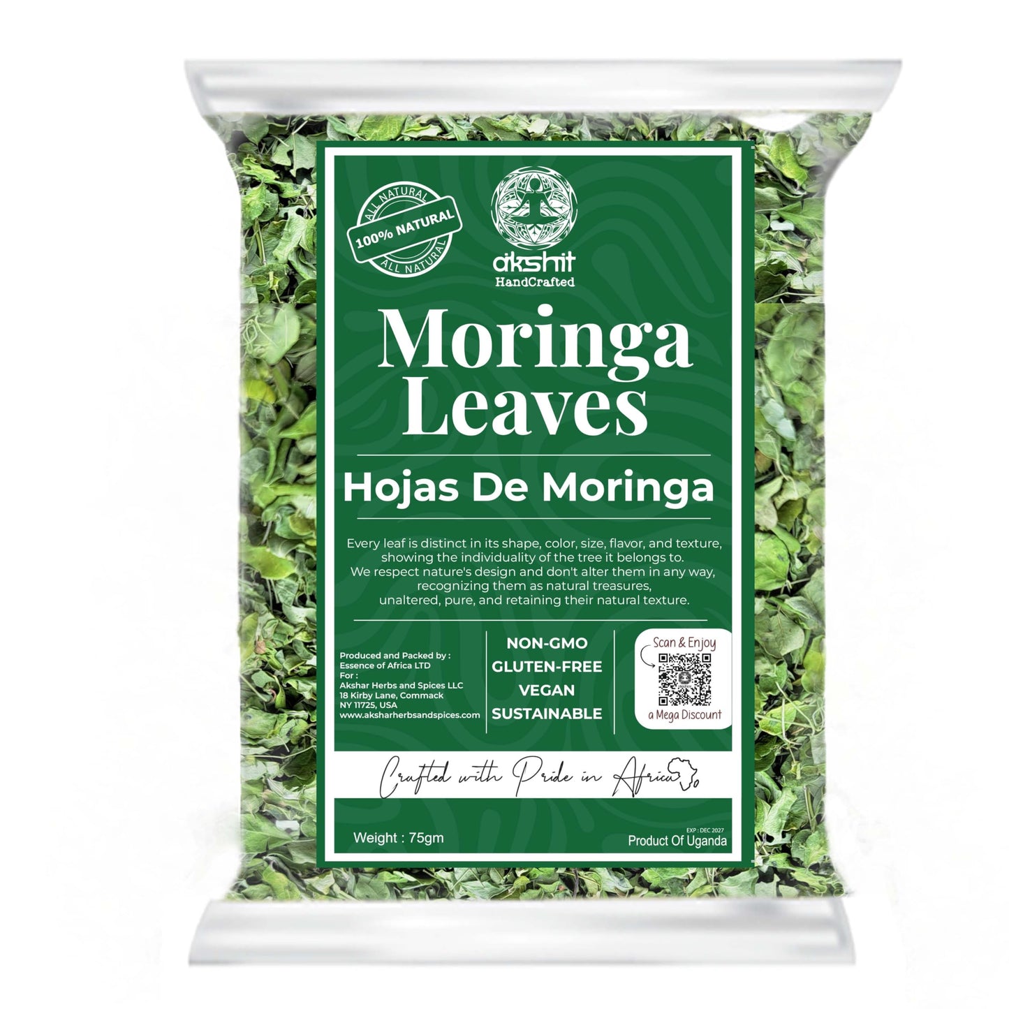 Akshit Moringa Leaves, 2.6oz, Dried From Fresh MoringaOleifera Leaves, Hojas De Moringa Secas, Loose Leaf Tea, Drumstick Tree Leaf, Non-GMO