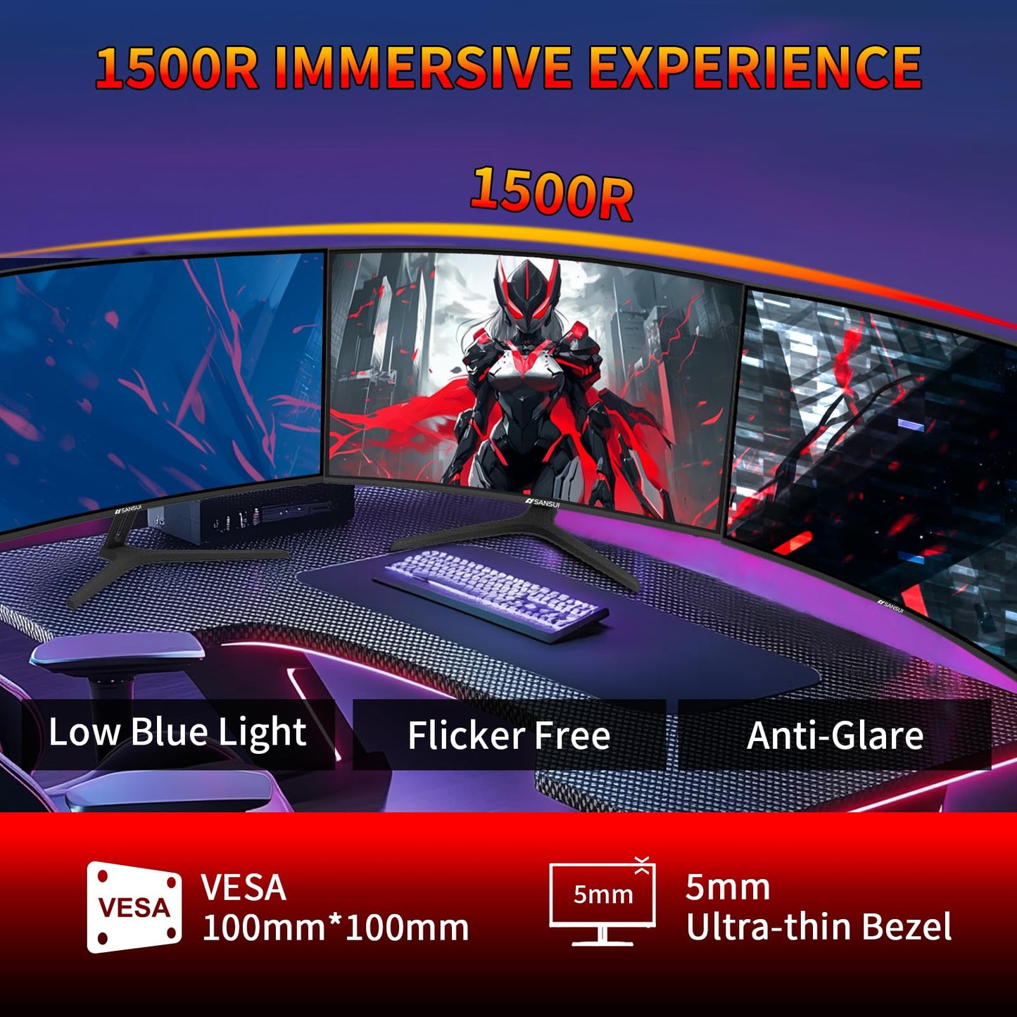 SANSUI 27 Inch Curved 240Hz Gaming Monitor FHD 1080P, 1500R Curve Computer Monitor, 130% sRGB, 4000:1 Contrast, HDR, FreeSync, MPRT 1Ms, Low Blue Light, HDMI DP Ports, Metal Stand, DP Cable Incl.