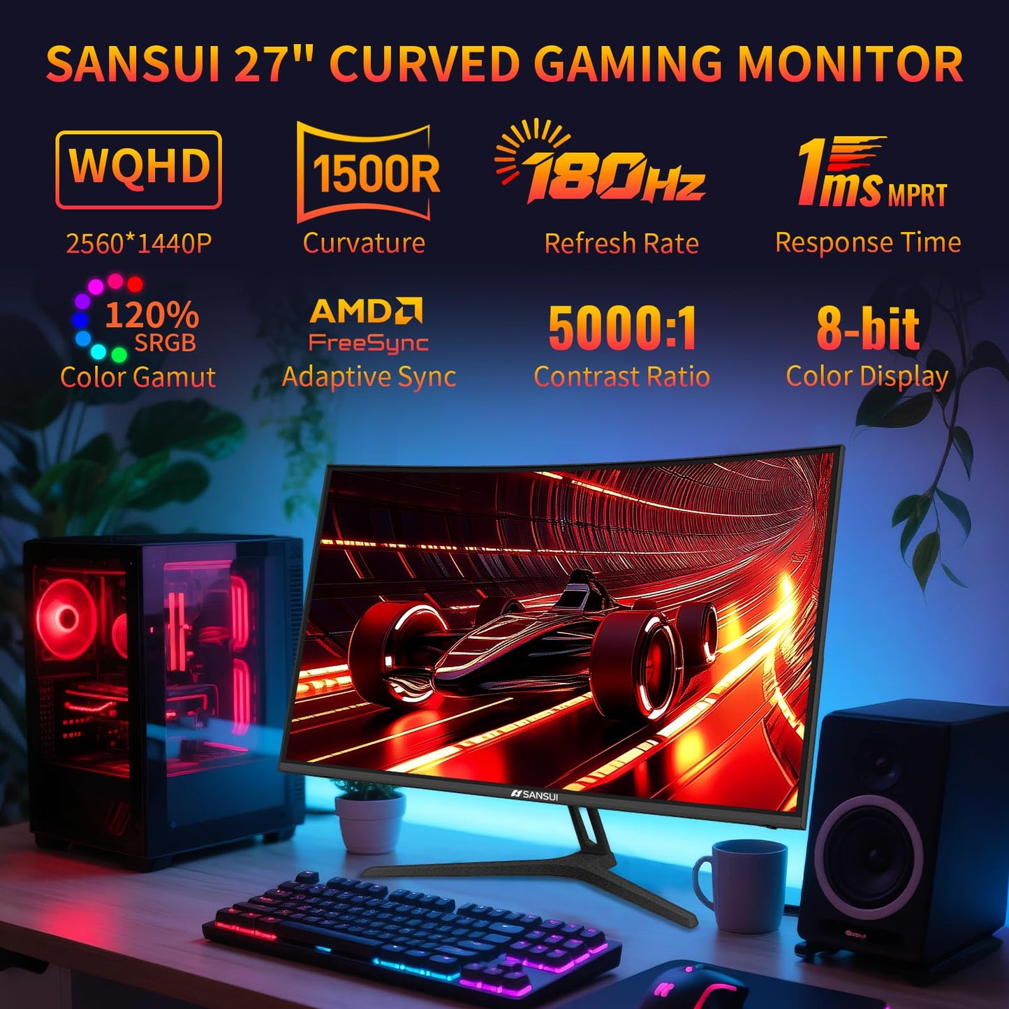SANSUI 27 Inch Curved 240Hz Gaming Monitor FHD 1080P, 1500R Curve Computer Monitor, 130% sRGB, 4000:1 Contrast, HDR, FreeSync, MPRT 1Ms, Low Blue Light, HDMI DP Ports, Metal Stand, DP Cable Incl.