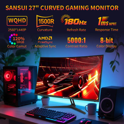 SANSUI 27 Inch Curved 240Hz Gaming Monitor FHD 1080P, 1500R Curve Computer Monitor, 130% sRGB, 4000:1 Contrast, HDR, FreeSync, MPRT 1Ms, Low Blue Light, HDMI DP Ports, Metal Stand, DP Cable Incl.