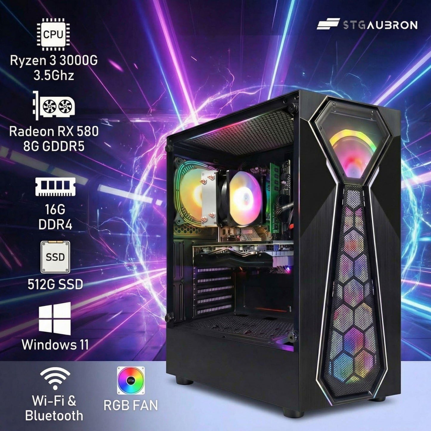 STGAubron Gaming PC Computer Desktop, Intel Core i7 8th Gen up to 4.1G, GeForce RTX 3050 6G, 16G DDR4, 512G SSD, WiFi 6, BT 5.2, RGB Fan x4, Windows 11 Home