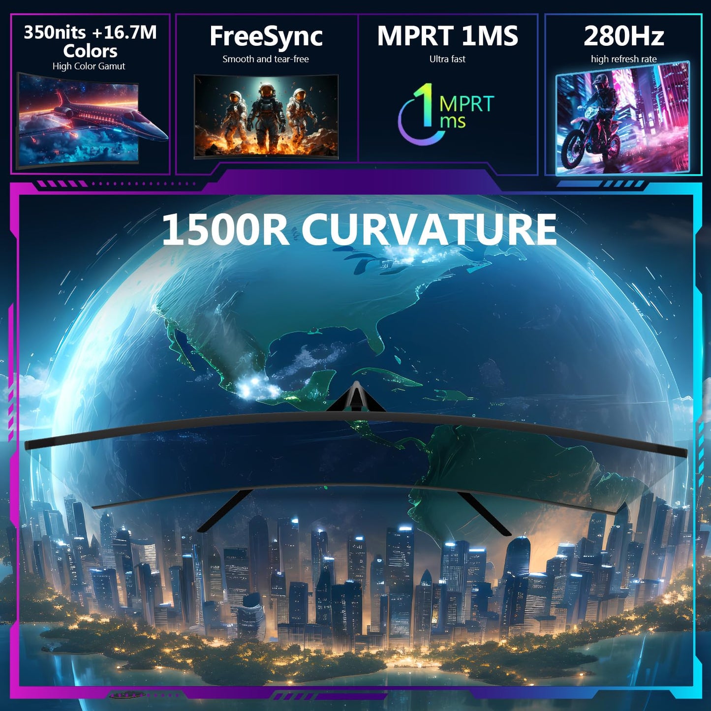 Curved Gaming Monitor Z-Edge 34", WQHD 1440P 240Hz 165Hz Computer Monitor, MPRT 1ms, 21:9 Aspect Ratio, 1500R，16.7M Colors, 4000:1 Contrast, AG34P Edgeless, Height Adjustable 2X DP and 2X HDMI