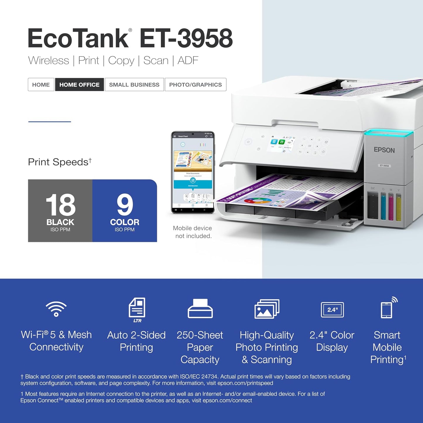 Epson EcoTank ET-3958 Wireless All-in-One Color Supertank Printer with up to 3 Years of Ink, Refillable Tanks, Perfect for Home Office, 18 PPM, 2.4" Color Screen, Auto Document Feeder (Renewed)