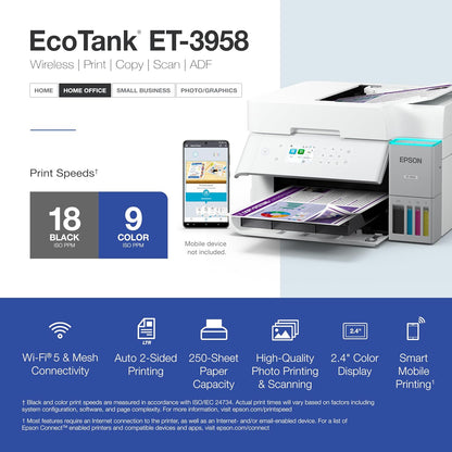 Epson EcoTank ET-3958 Wireless All-in-One Color Supertank Printer with up to 3 Years of Ink, Refillable Tanks, Perfect for Home Office, 18 PPM, 2.4" Color Screen, Auto Document Feeder (Renewed)