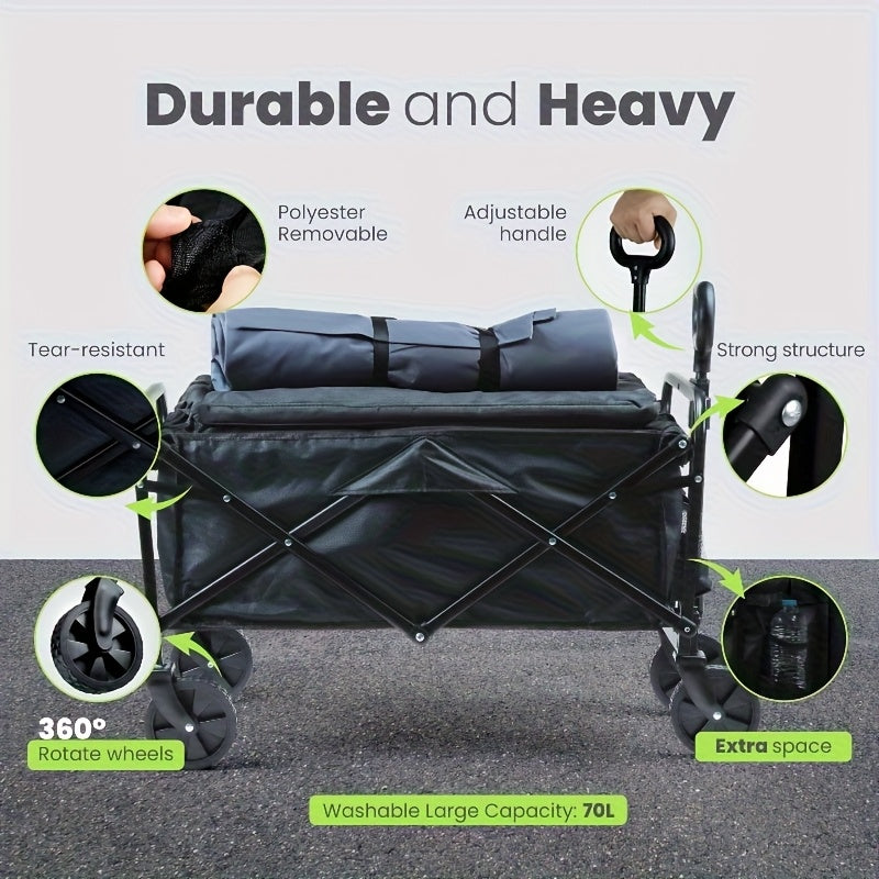 All Terrain Heavy Duty Folding Cart, Large Capacity Camper Suitable for Yard Shopping/ Sports/ Outdoor/ Gardening Equipment Handling, Black Multifunctional Utility Cart