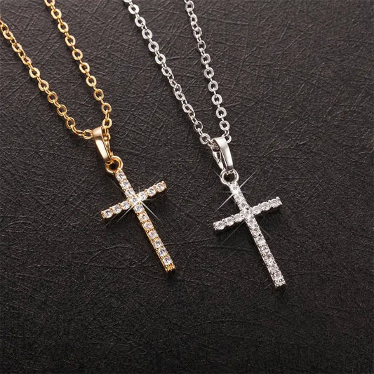 Exquisite Fashion Sparkling Crystal Zircon Cross Pendant Necklace For Women Girls Metal Cross Thin Chain Choker Party Jewelry