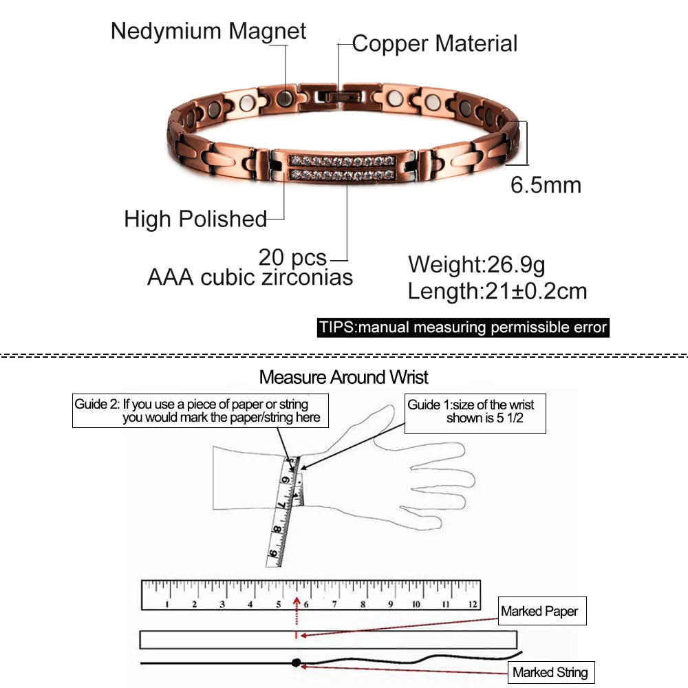 Pure Copper Magnetic Bracelet for Women Arrow Cubic Zirconia ID Bracelets Magnet