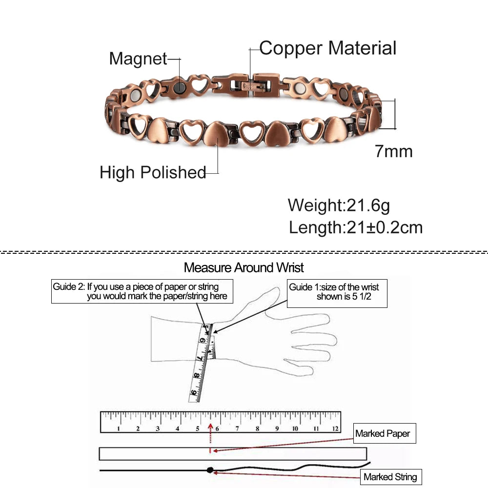 Magnetic Bracelet for Women Heart Pure Copper Energy Bracelet Healing Chain Link