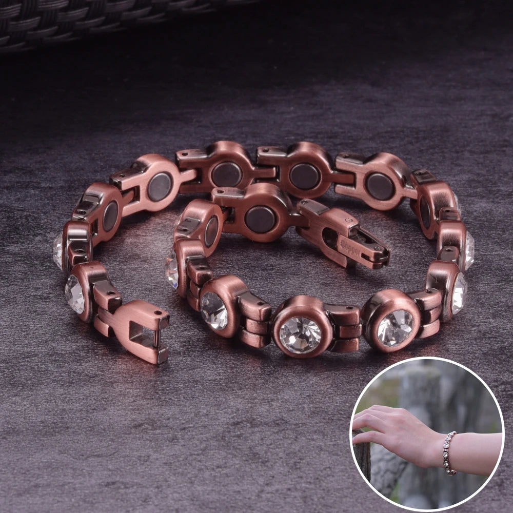 Pure Copper Magnetic Bracelet Arthritis 21.5cm White Crystals Copper Bracelets f