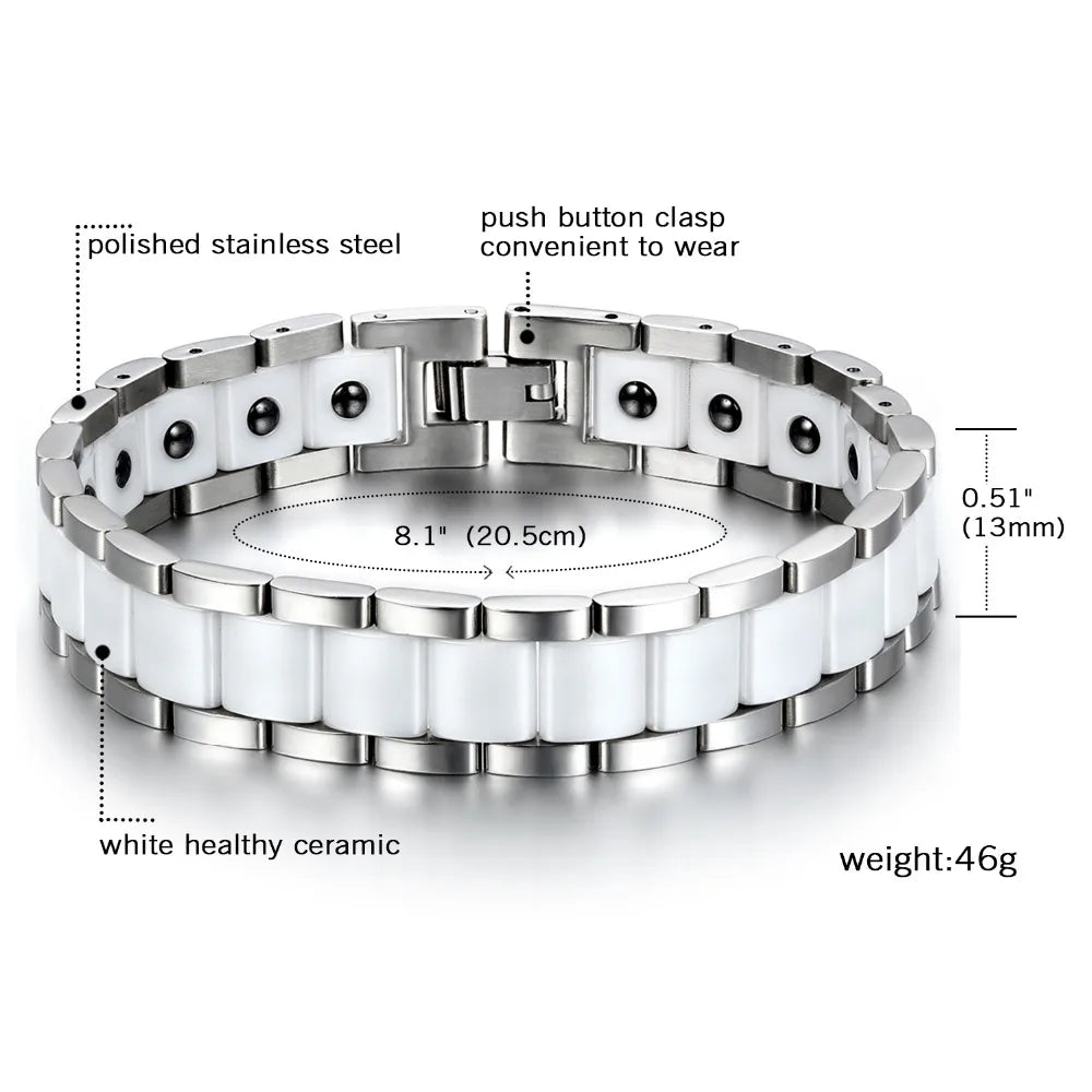 Black/White Ceramic Bracelet Magnetic Stone Therapy Health Stainless Steel Brace