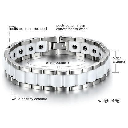 Black/White Ceramic Bracelet Magnetic Stone Therapy Health Stainless Steel Brace