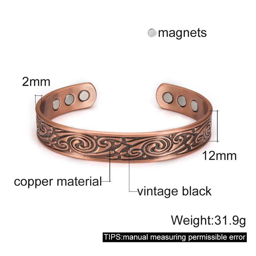 Vinterly Pure Copper Bracelet Men Magnetic Vintage Adjustable High Magnet Open C