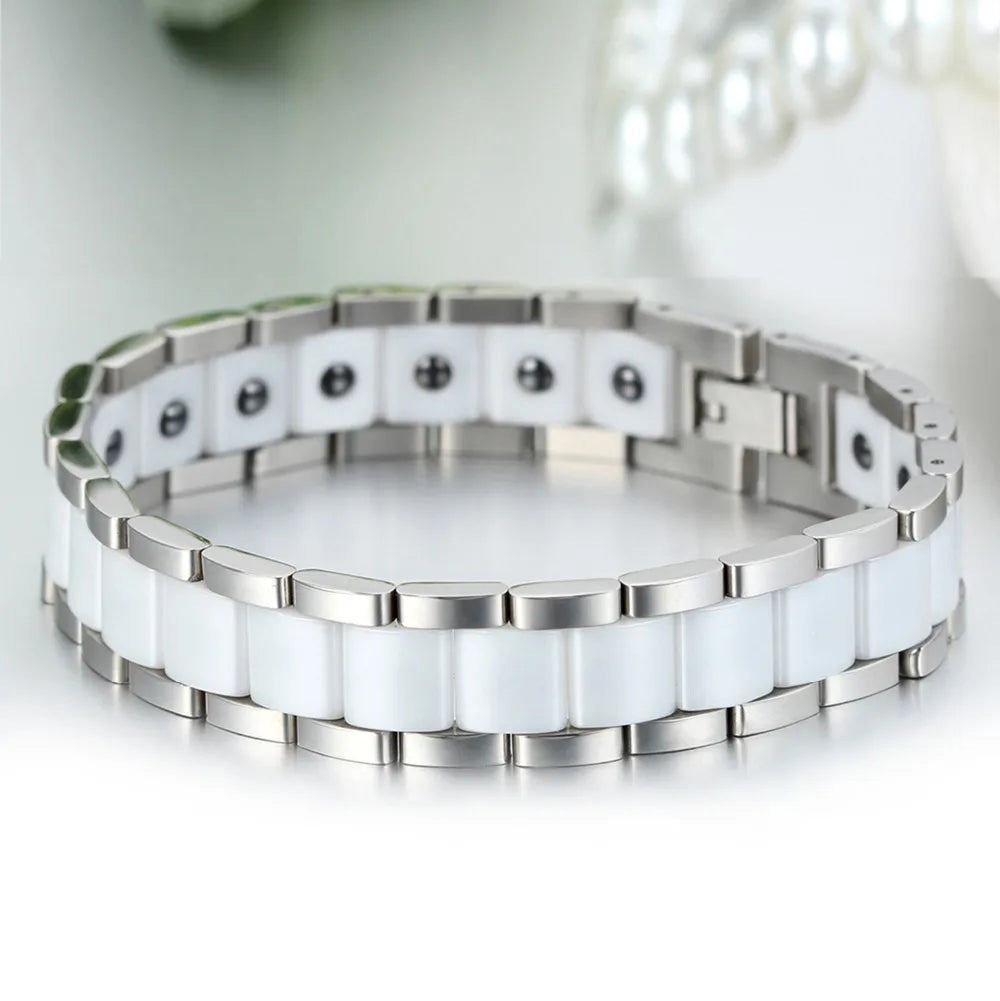 Black/White Ceramic Bracelet Magnetic Stone Therapy Health Stainless Steel Brace