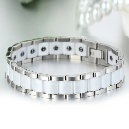Black/White Ceramic Bracelet Magnetic Stone Therapy Health Stainless Steel Brace