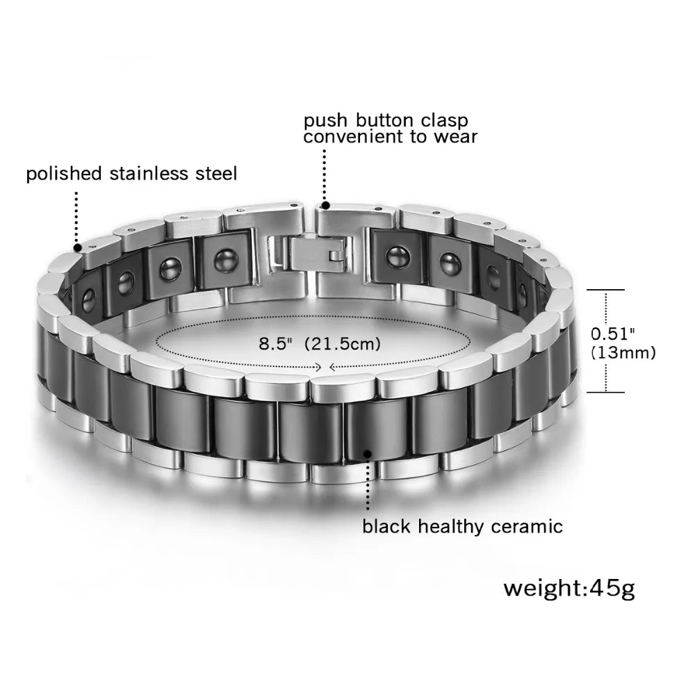 Black/White Ceramic Bracelet Magnetic Stone Therapy Health Stainless Steel Brace