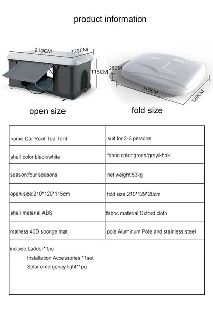 Folding Camping Truck Rooftop Tent 2-3 Person Large Hard Shell Car Roof Top Tent Outdoor Adventure