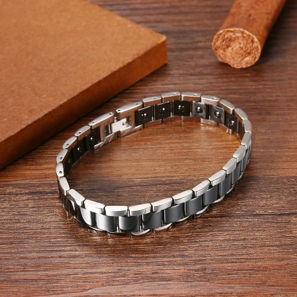 Black/White Ceramic Bracelet Magnetic Stone Therapy Health Stainless Steel Brace