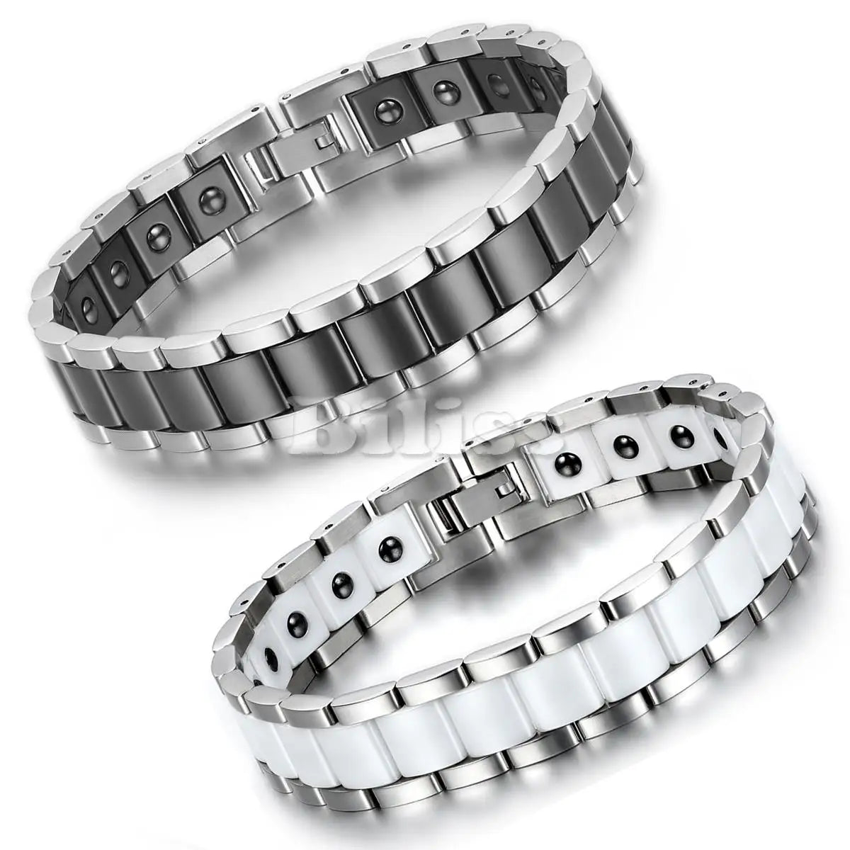 Black/White Ceramic Bracelet Magnetic Stone Therapy Health Stainless Steel Brace