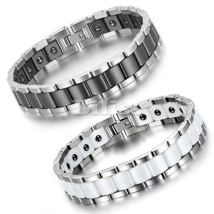Black/White Ceramic Bracelet Magnetic Stone Therapy Health Stainless Steel Brace