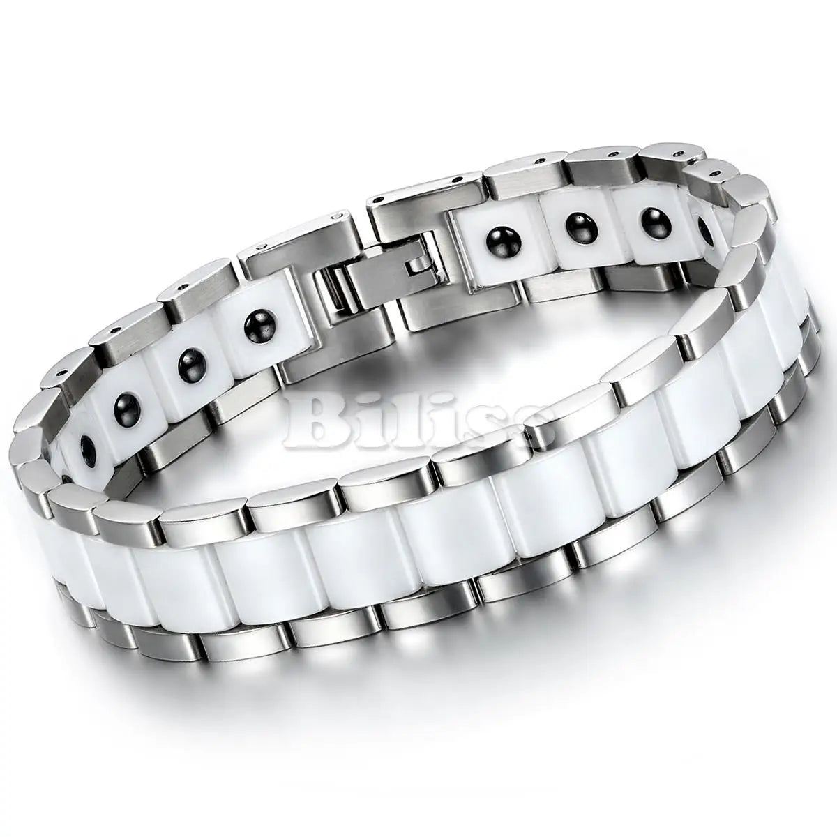 Black/White Ceramic Bracelet Magnetic Stone Therapy Health Stainless Steel Brace