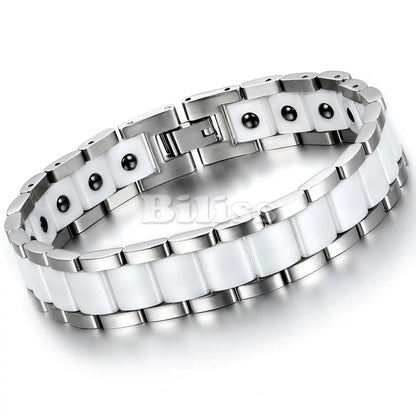 Black/White Ceramic Bracelet Magnetic Stone Therapy Health Stainless Steel Brace