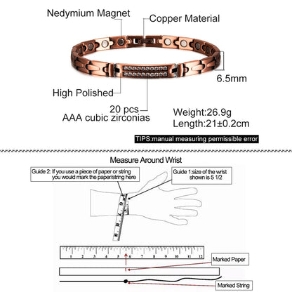 Pure Copper Magnetic Bracelet for Women Arrow Cubic Zirconia ID Bracelets Magnet