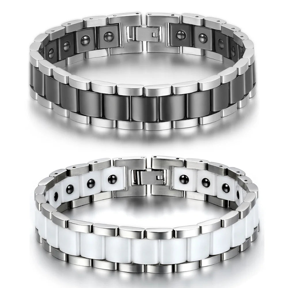 Black/White Ceramic Bracelet Magnetic Stone Therapy Health Stainless Steel Brace