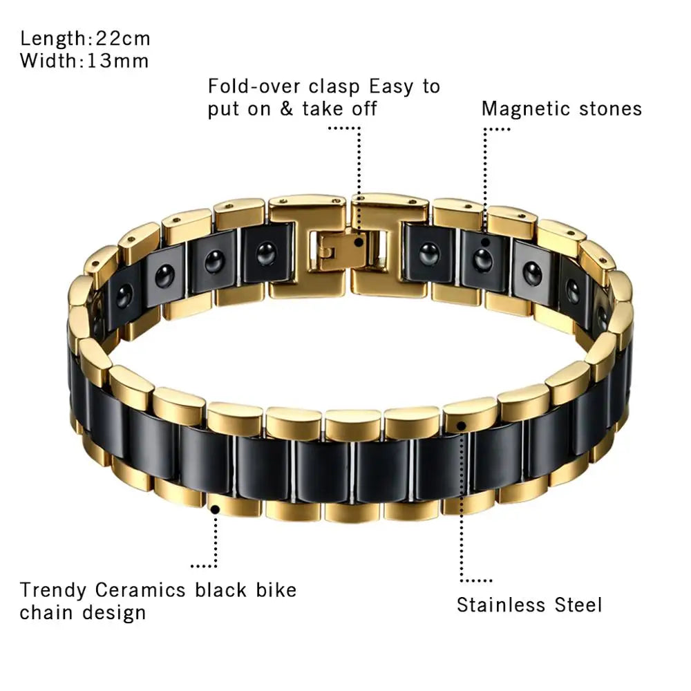 Black/White Ceramic Bracelet Magnetic Stone Therapy Health Stainless Steel Brace