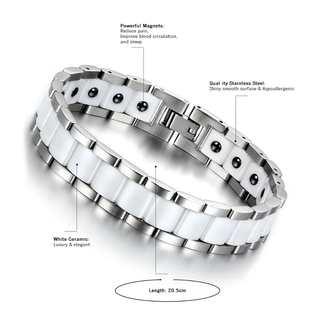 Black/White Ceramic Bracelet Magnetic Stone Therapy Health Stainless Steel Brace
