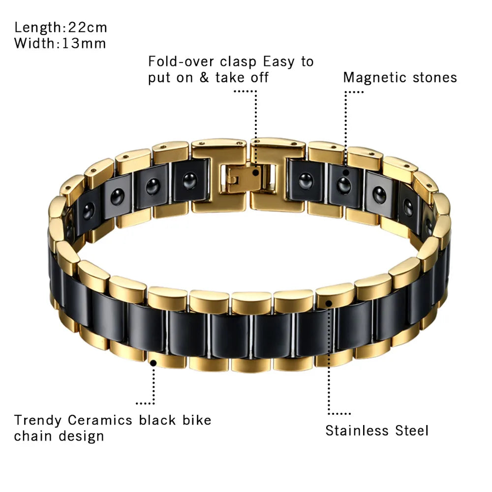 Black/White Ceramic Bracelet Magnetic Stone Therapy Health Stainless Steel Brace